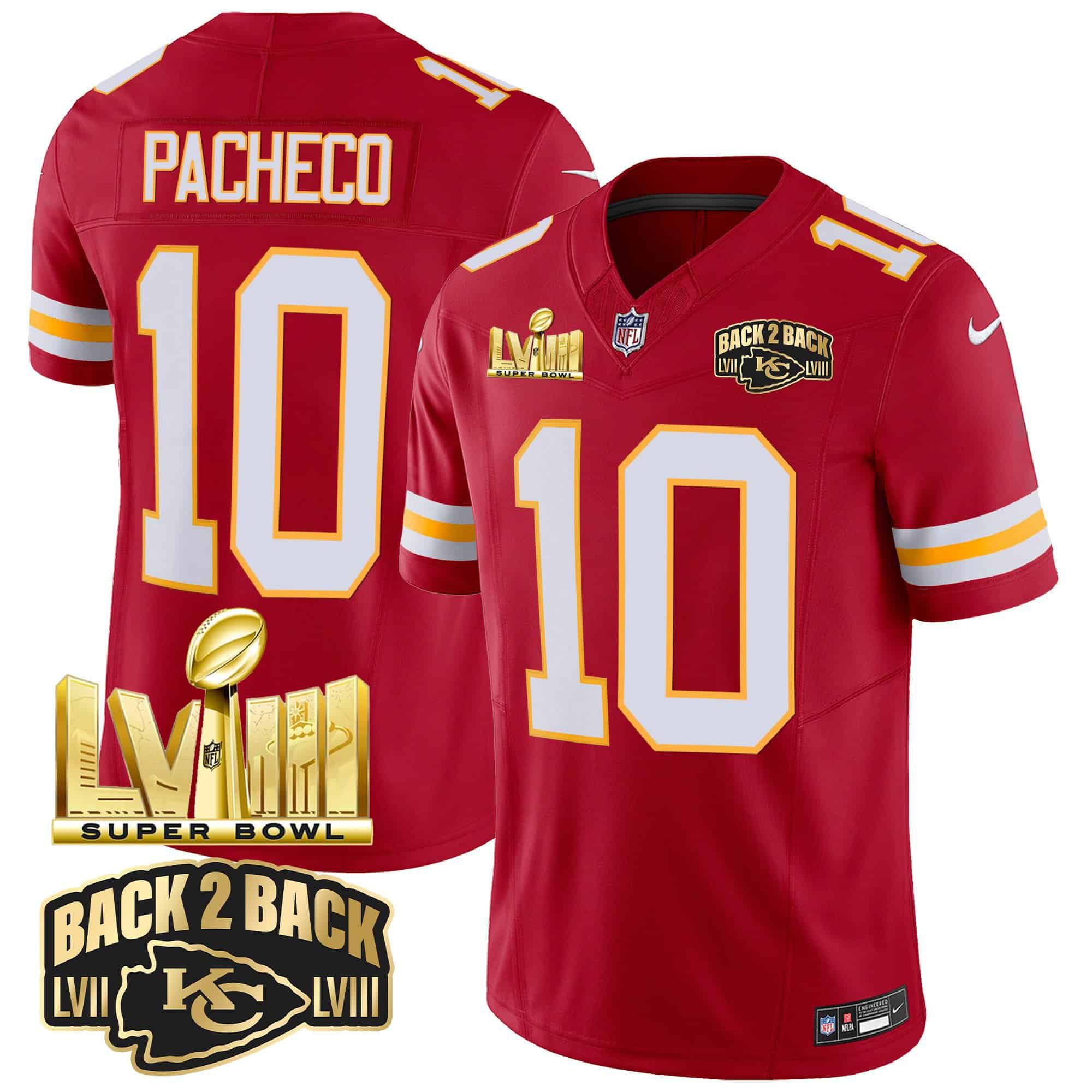 Men Kansas City Chiefs 10 Pacheco Red 2024 Nike Super Bowl LVIII & Back 2 Back Gold Patch Vapor NFL Jersey style 3